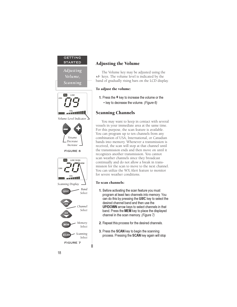 Adjusting the volume, Scanning channels | Garmin VHF 720 User Manual | Page 24 / 43