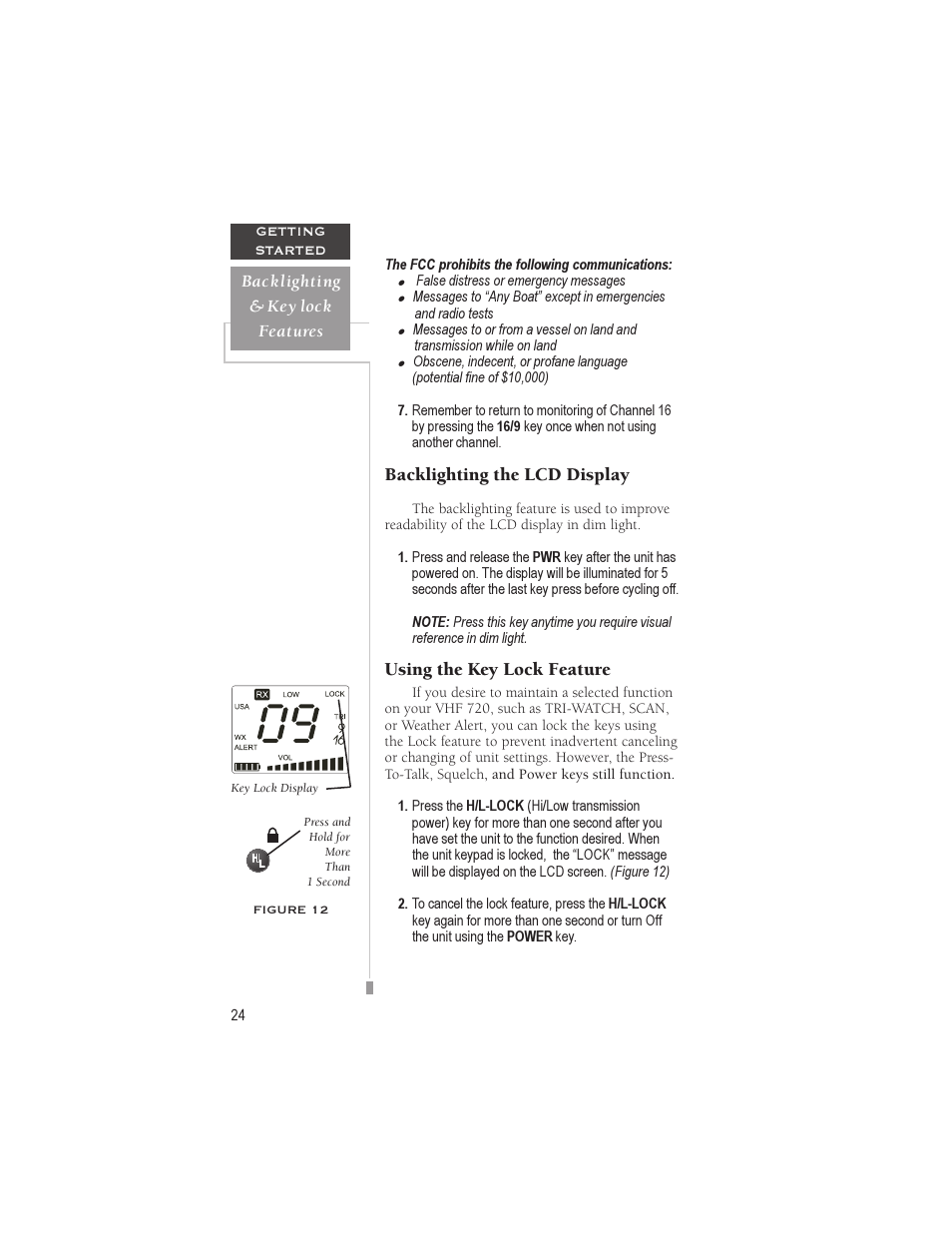 Backlighting the lcd display, Using the key lock feature | Garmin VHF 720 User Manual | Page 30 / 43