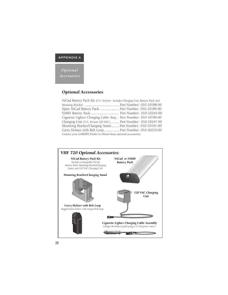 Optional accessories, Vhf 720 optional accessories | Garmin VHF 720 User Manual | Page 32 / 43