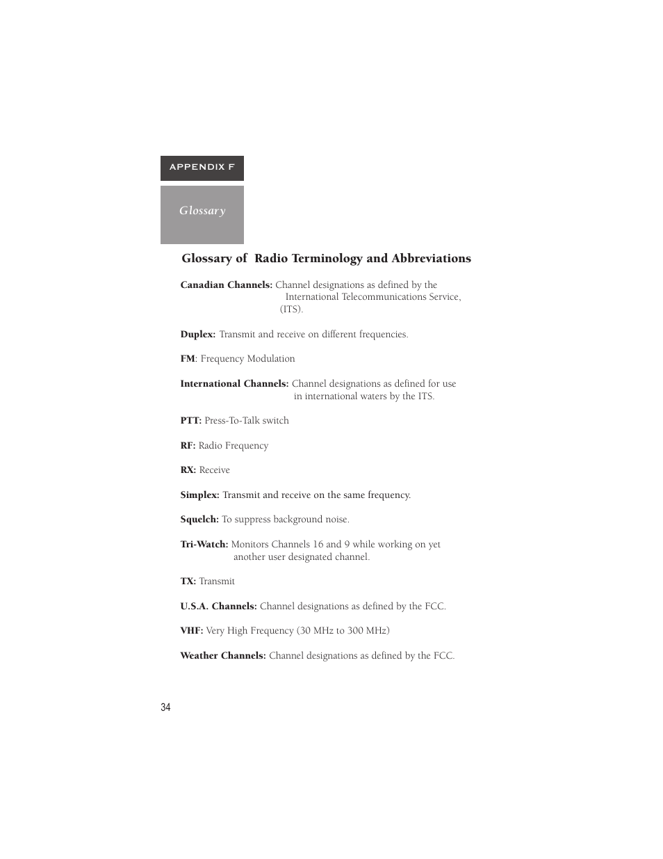 Glossary of radio terminology and abbreviations | Garmin VHF 720 User Manual | Page 40 / 43