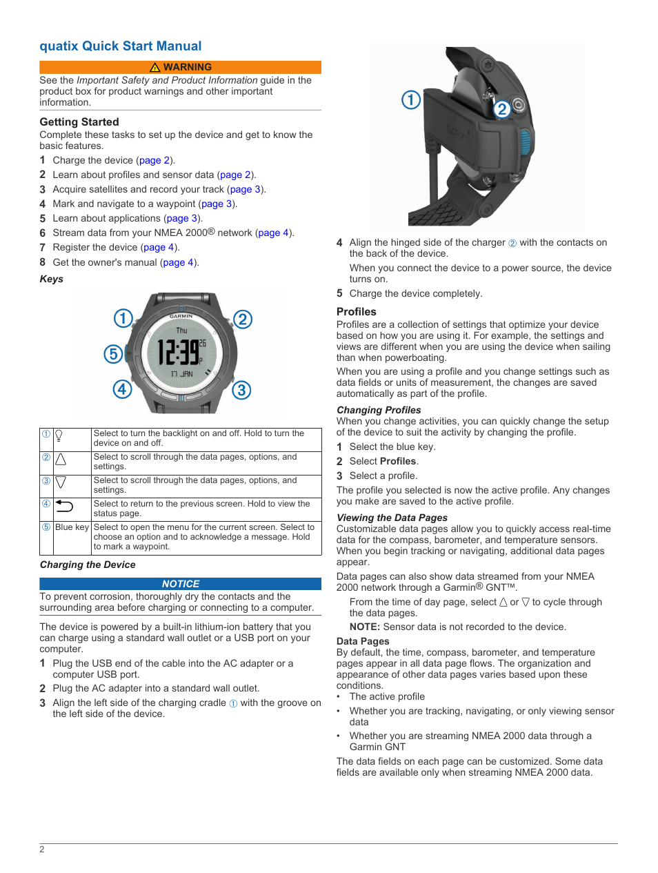 Quatix quick start manual, Getting started, Keys | Charging the device, Profiles, Changing profiles | Garmin quatix User Manual | Page 2 / 6