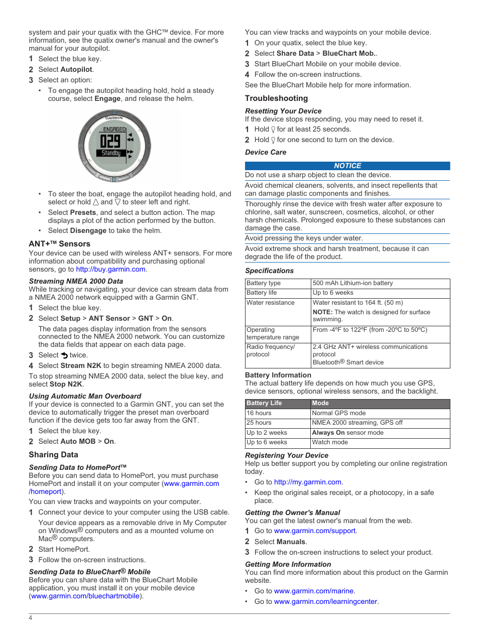 Ant‍+™ sensors, Streaming nmea 2000 data, Using automatic man overboard | Sharing data, Sending data to homeport, Sending data to bluechart® mobile, Troubleshooting, Resetting your device, Device care, Specifications | Garmin quatix User Manual | Page 4 / 6