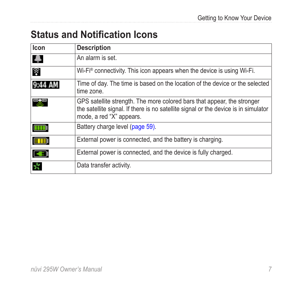 Status and notification icons | Garmin nuvi 295W User Manual | Page 13 / 78