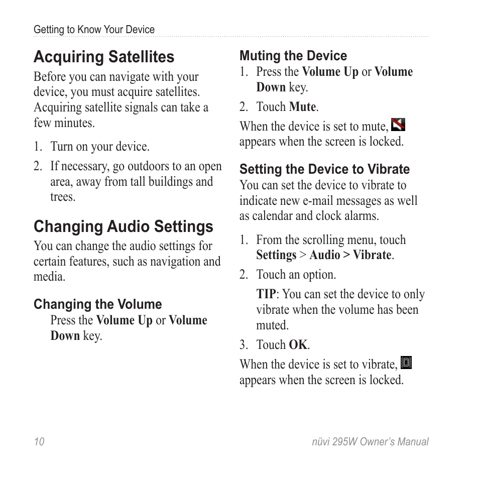 Acquiring satellites, Changing audio settings | Garmin nuvi 295W User Manual | Page 16 / 78