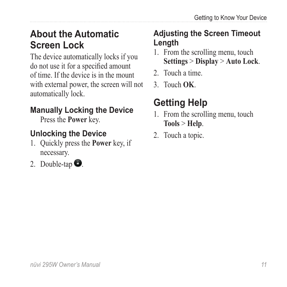 About the automatic screen lock, Getting help, About the automatic screen | Lock | Garmin nuvi 295W User Manual | Page 17 / 78