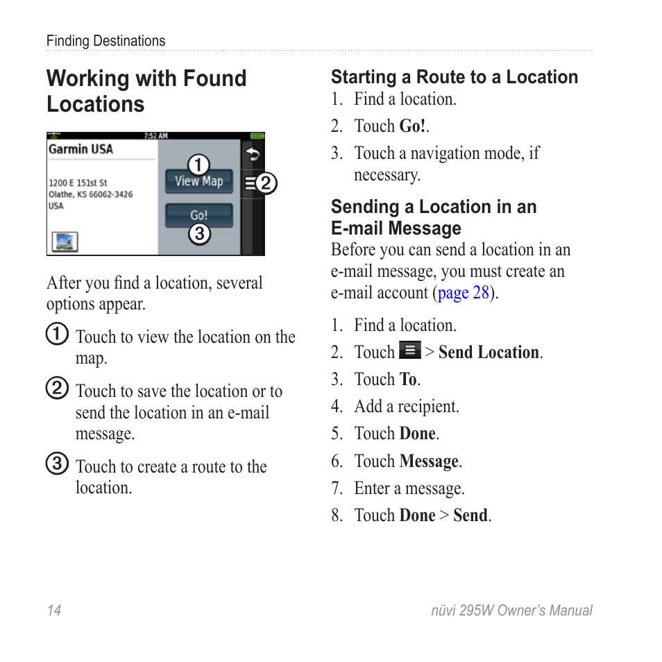 Working with found locations, Working with found, Locations | Garmin nuvi 295W User Manual | Page 20 / 78