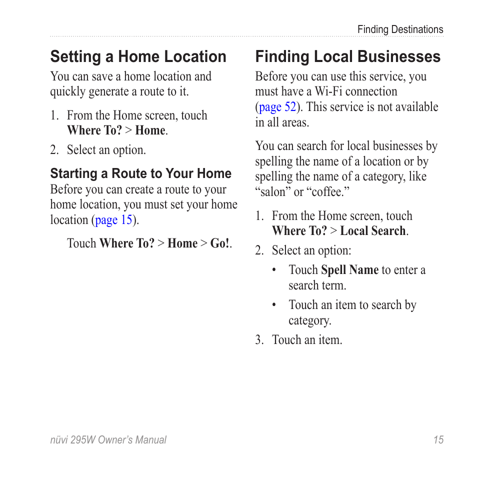 Setting a home location, Finding local businesses | Garmin nuvi 295W User Manual | Page 21 / 78