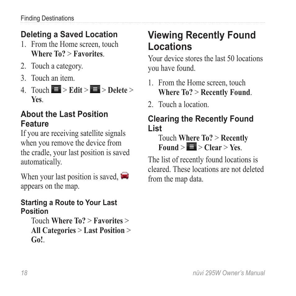 Viewing recently found locations, Viewing recently found, Locations | Garmin nuvi 295W User Manual | Page 24 / 78