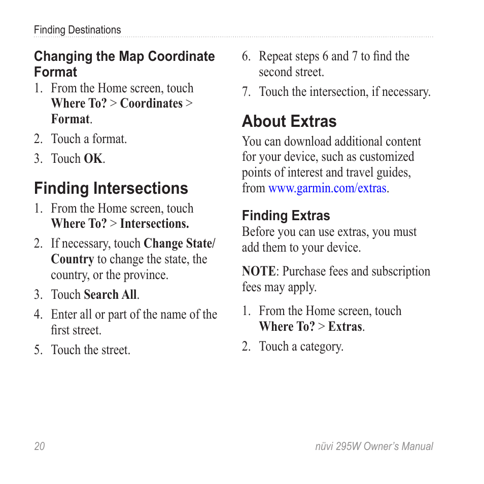 Finding intersections, About extras | Garmin nuvi 295W User Manual | Page 26 / 78