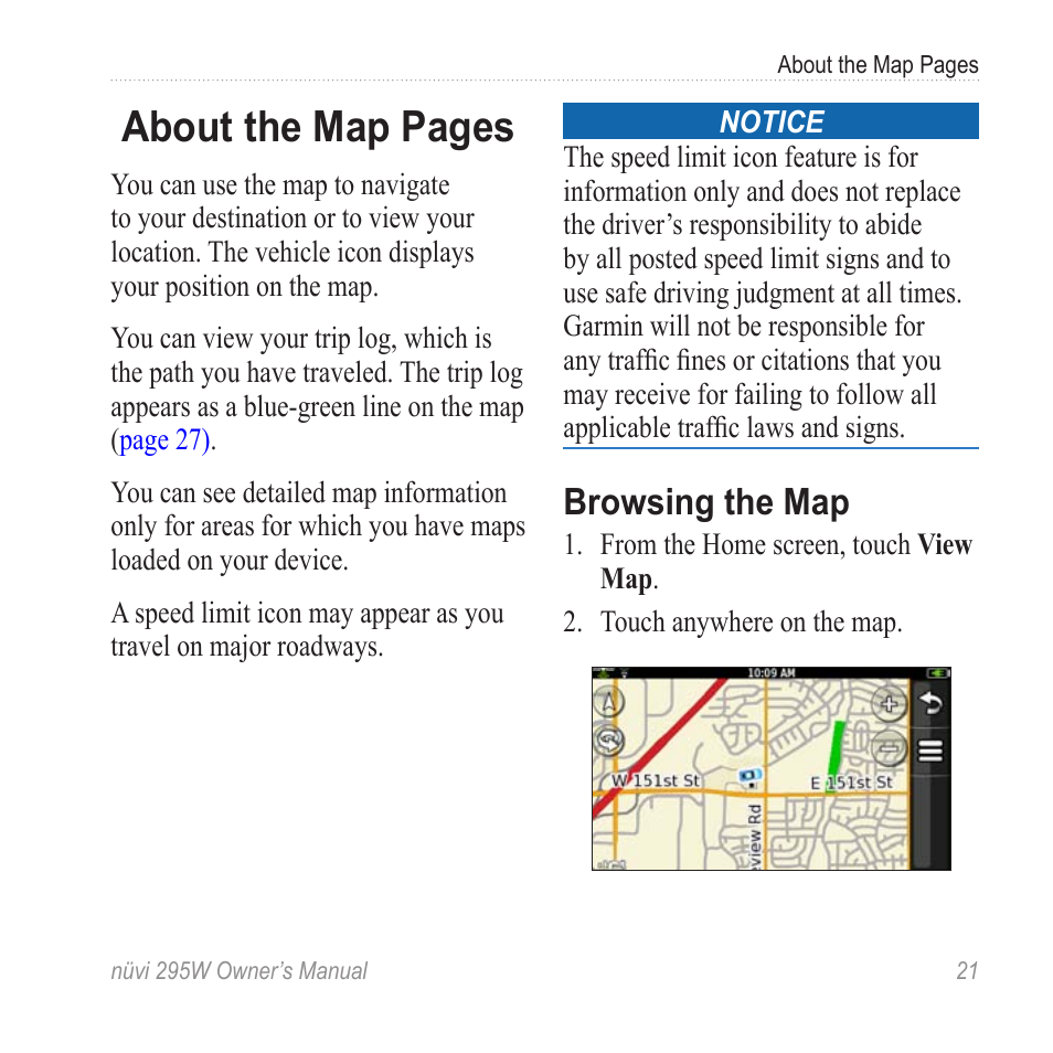 Browsing the map, About the map pages | Garmin nuvi 295W User Manual | Page 27 / 78