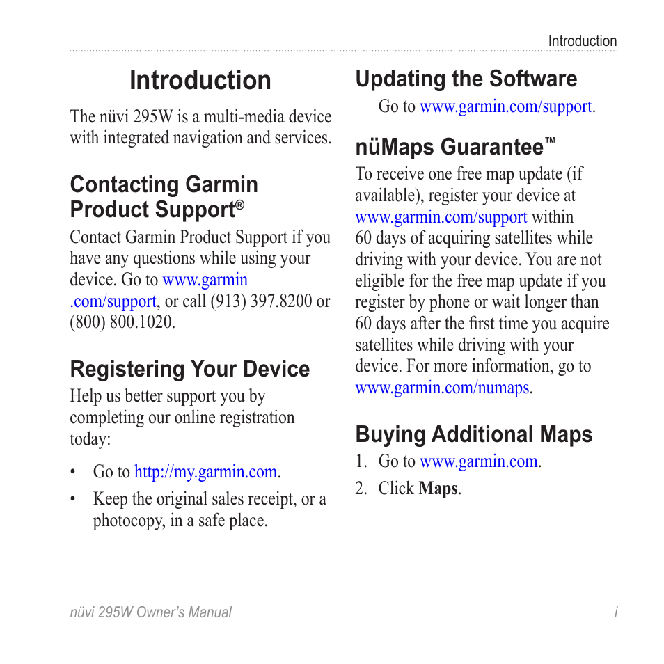 Introduction, Contacting garmin product support, Registering your device | Updating the software, Nümaps guarantee, Buying additional maps | Garmin nuvi 295W User Manual | Page 3 / 78