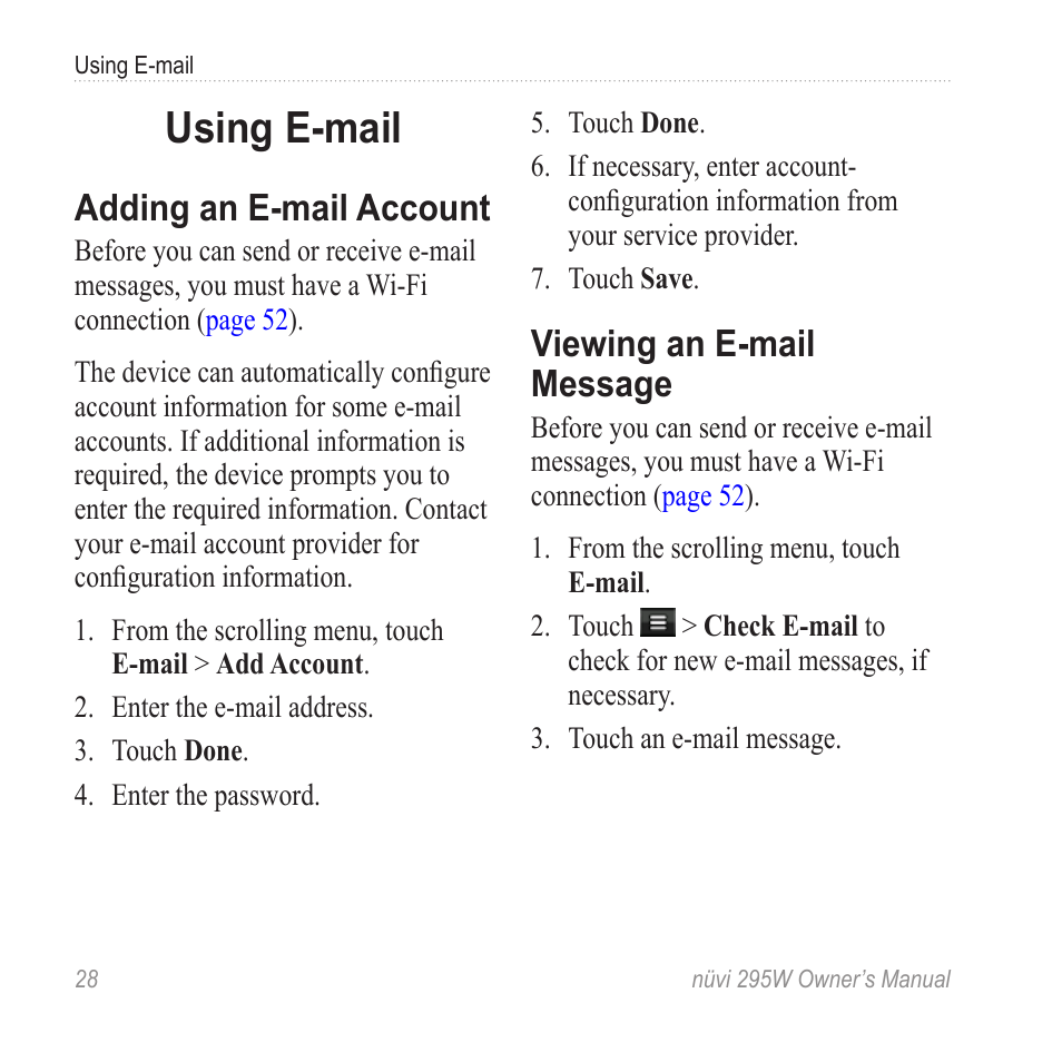 Using e-mail, Adding an e-mail account, Viewing an e-mail message | Garmin nuvi 295W User Manual | Page 34 / 78