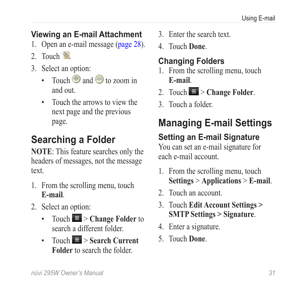 Searching a folder, Managing e-mail settings | Garmin nuvi 295W User Manual | Page 37 / 78