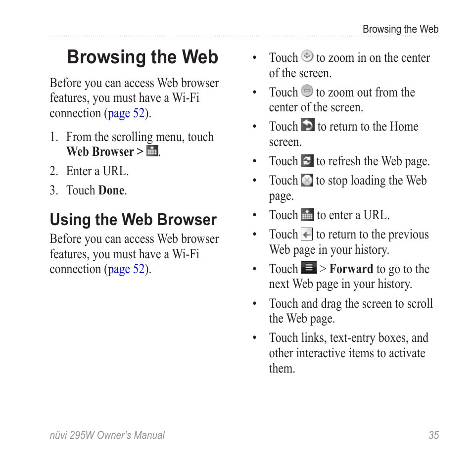 Browsing the web, Using the web browser | Garmin nuvi 295W User Manual | Page 41 / 78