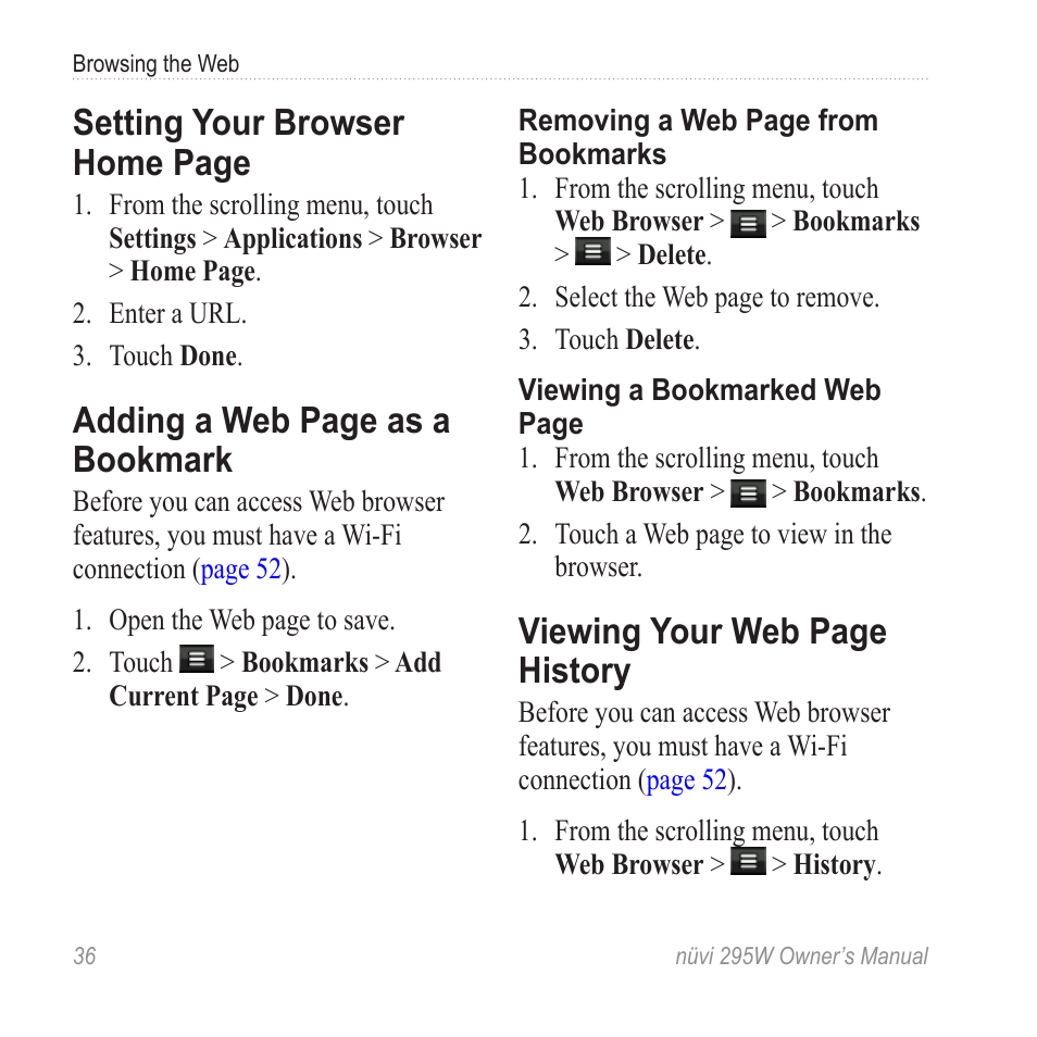 Setting your browser home, Bookmark, History | Setting your browser home page, Adding a web page as a bookmark, Viewing your web page history | Garmin nuvi 295W User Manual | Page 42 / 78