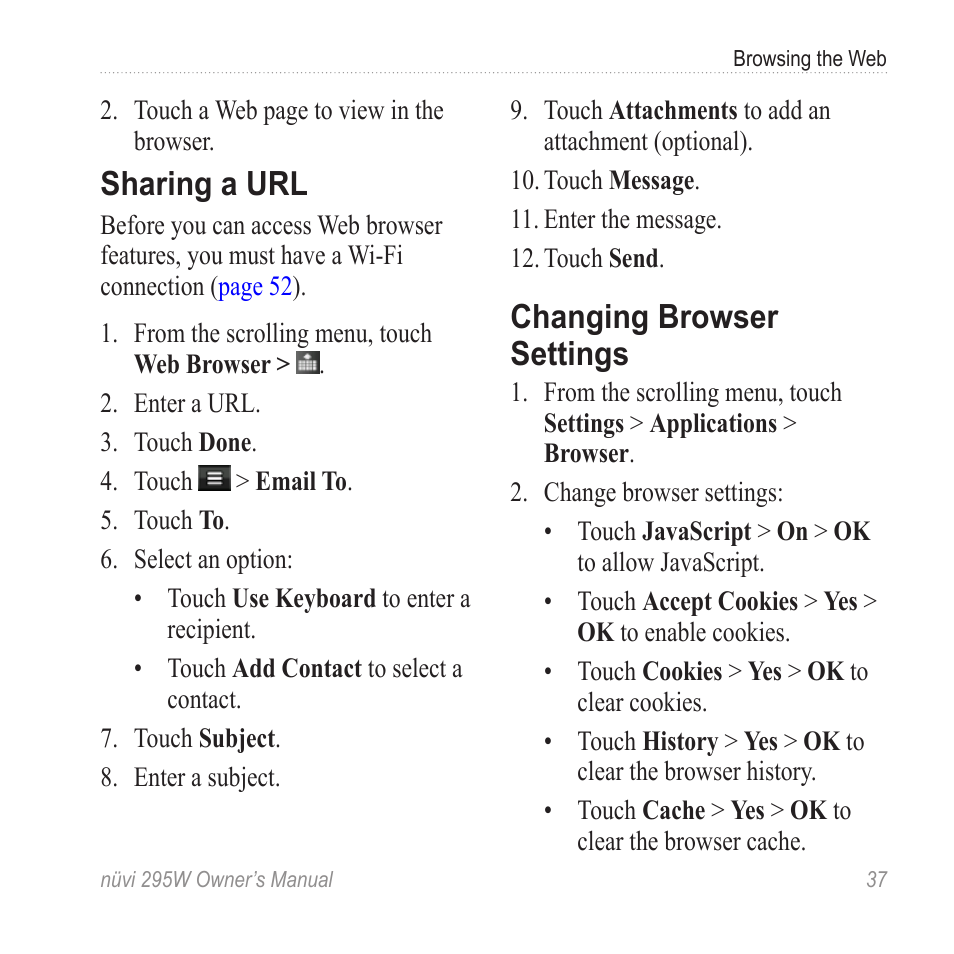 Changing browser settings, Sharing a url | Garmin nuvi 295W User Manual | Page 43 / 78