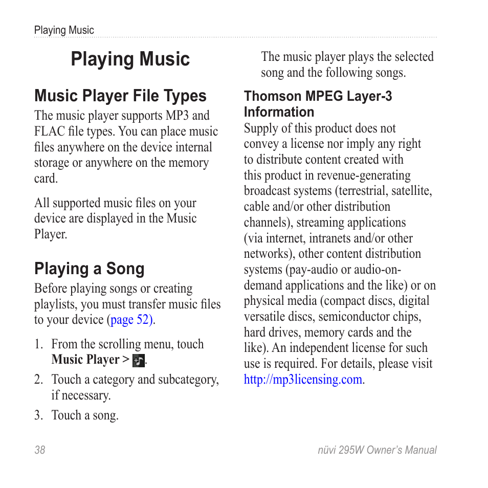 Playing music, Music player file types, Playing a song | Garmin nuvi 295W User Manual | Page 44 / 78