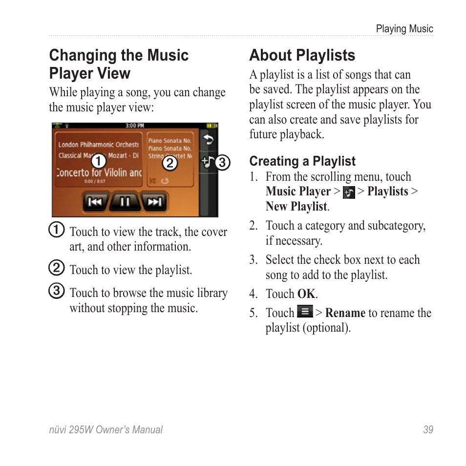 Changing the music player view, About playlists, Changing the music player | View | Garmin nuvi 295W User Manual | Page 45 / 78