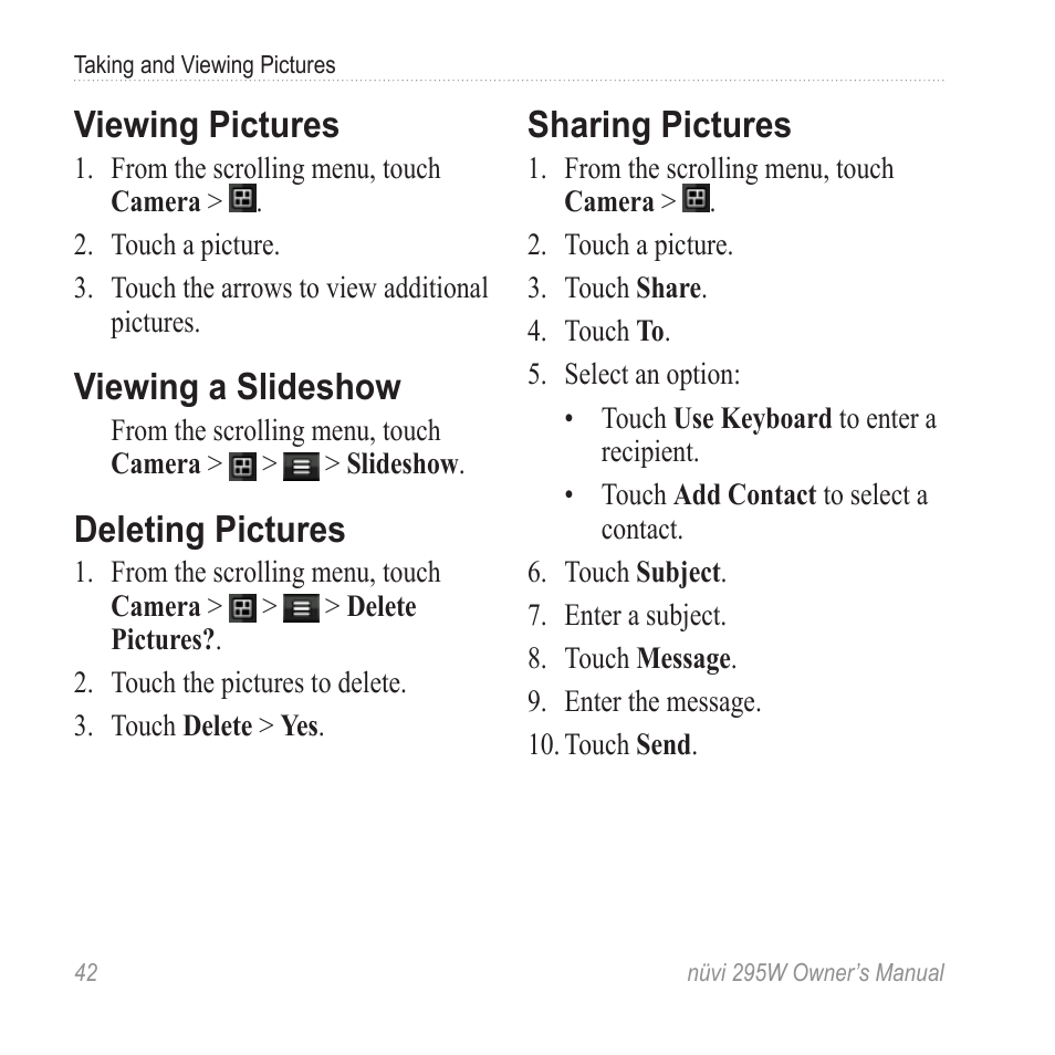 Viewing pictures, Viewing a slideshow, Deleting pictures | Sharing pictures | Garmin nuvi 295W User Manual | Page 48 / 78