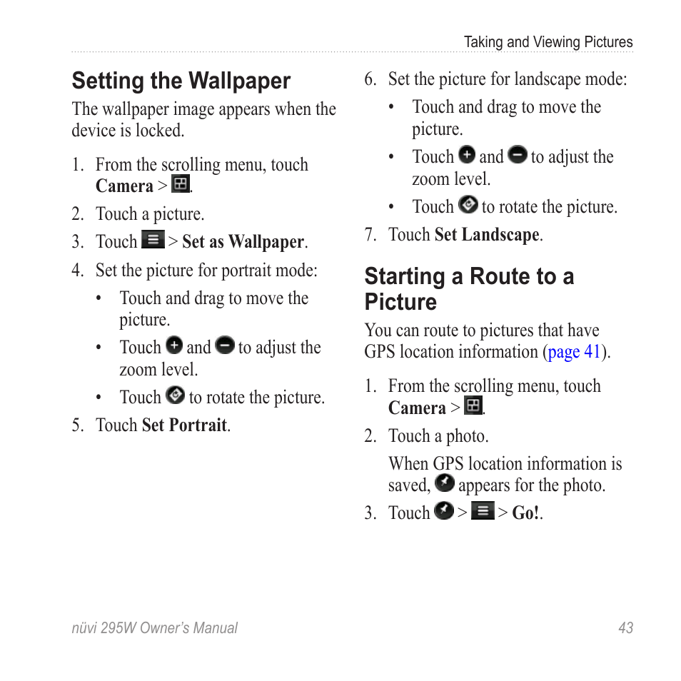 Setting the wallpaper, Starting a route to a picture | Garmin nuvi 295W User Manual | Page 49 / 78