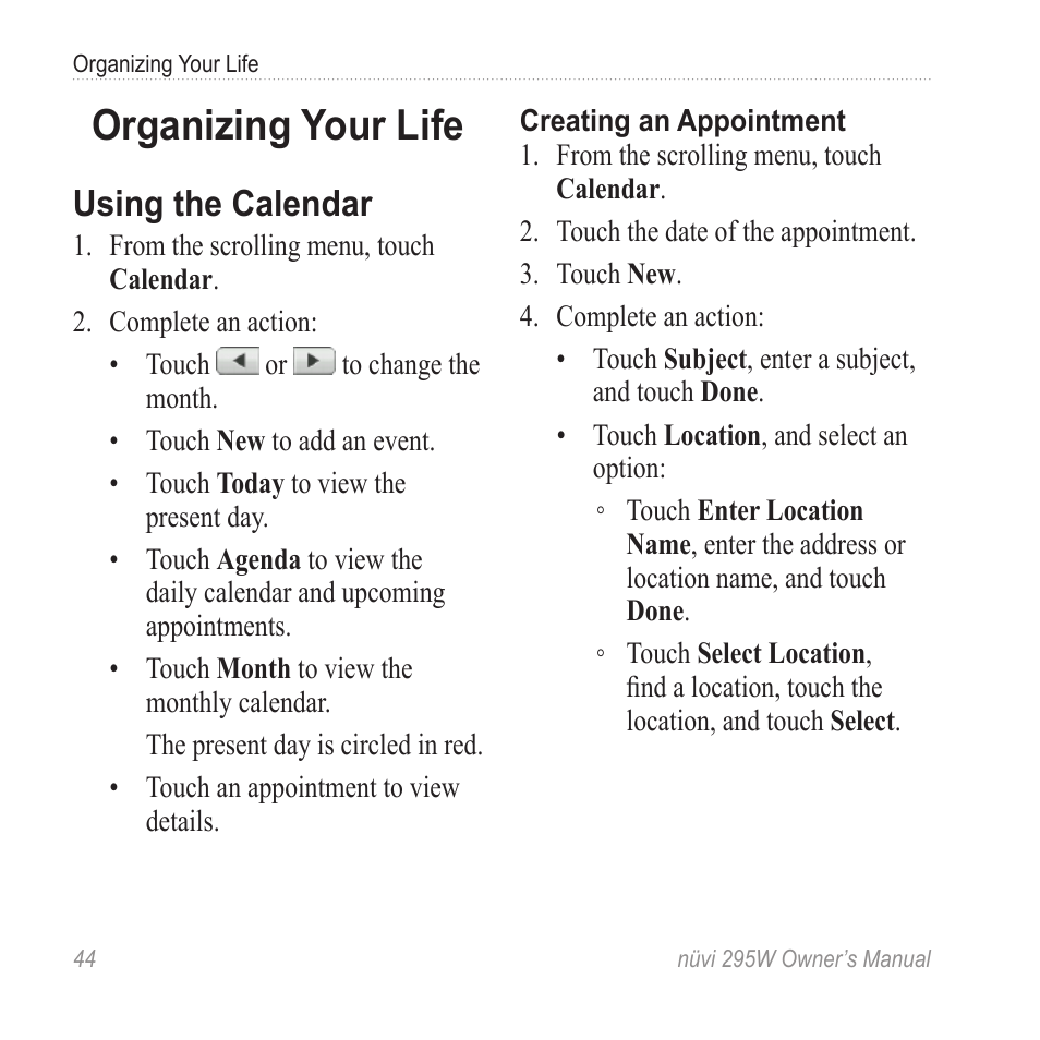 Organizing your life, Using the calendar | Garmin nuvi 295W User Manual | Page 50 / 78