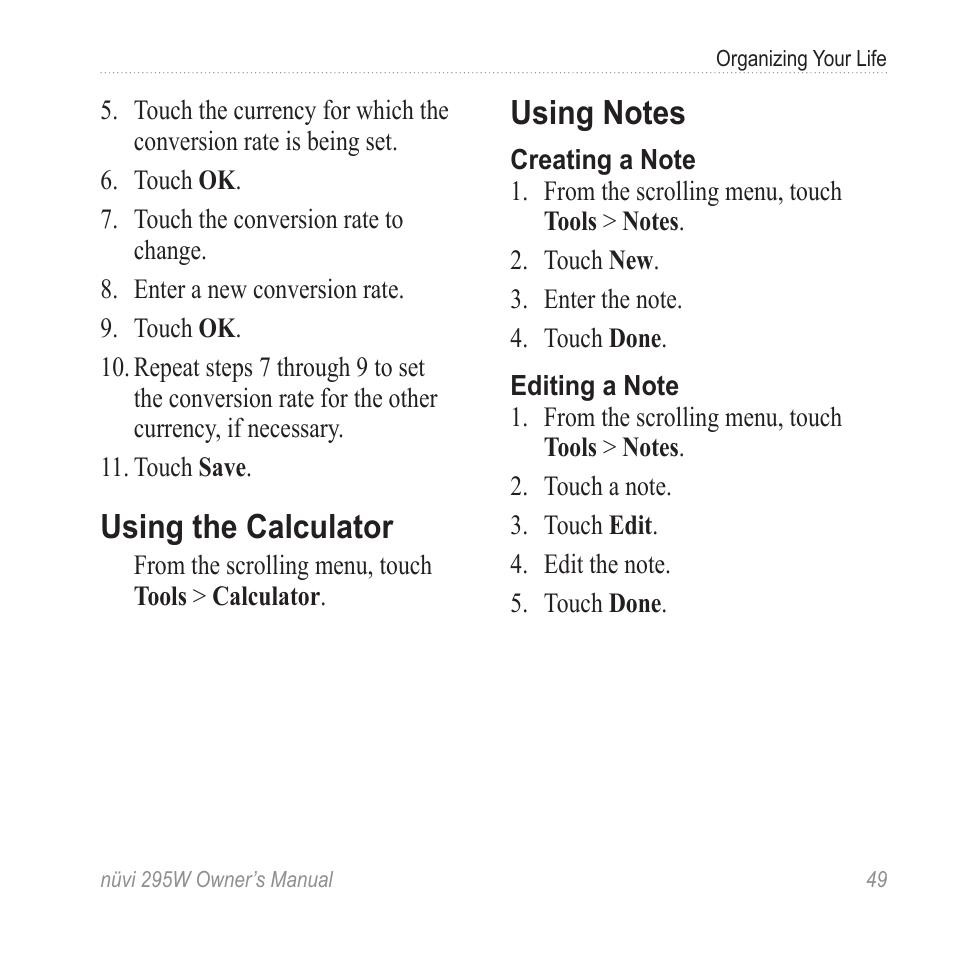 Using the calculator, Using notes | Garmin nuvi 295W User Manual | Page 55 / 78