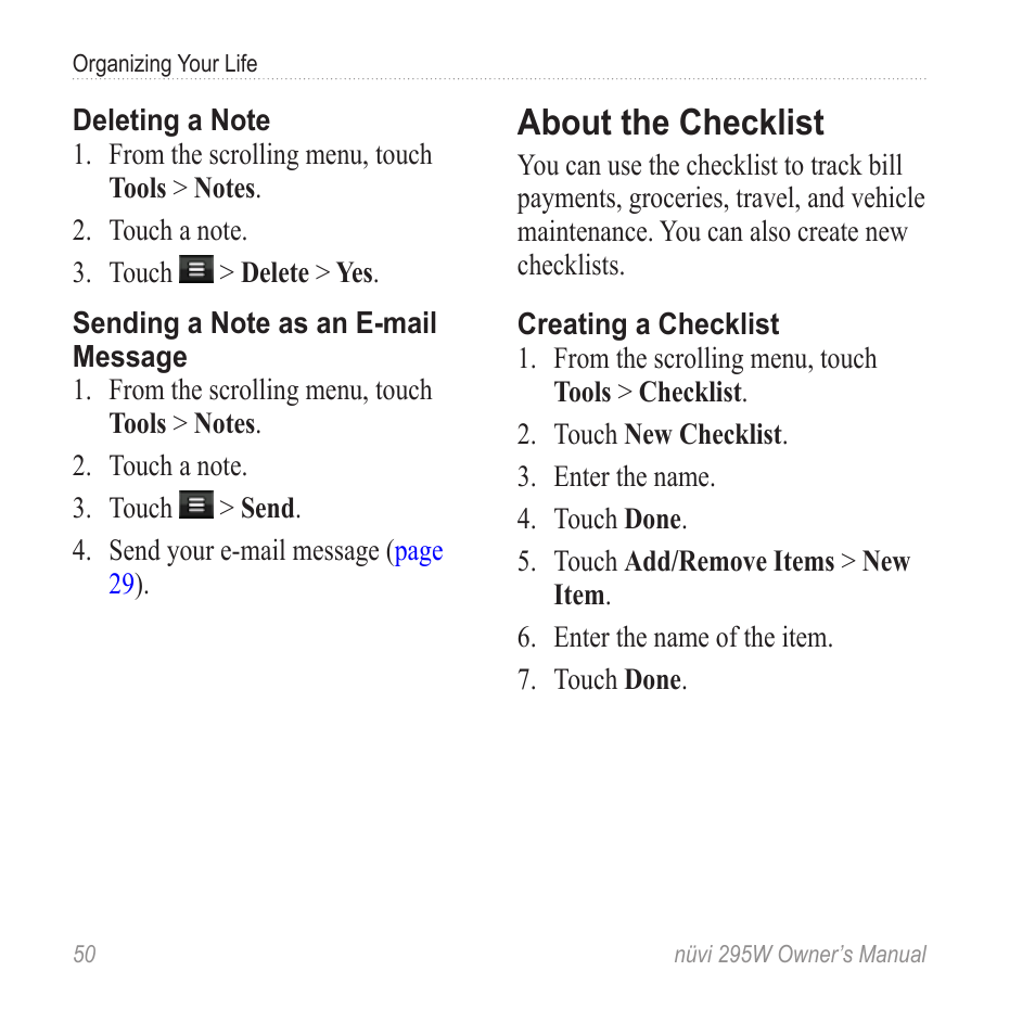 About the checklist | Garmin nuvi 295W User Manual | Page 56 / 78