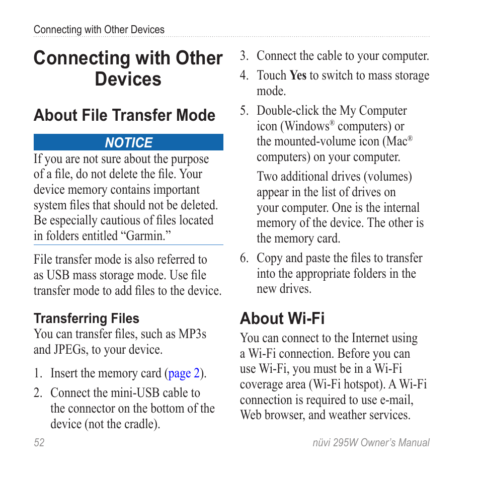 Connecting with other devices, About file transfer mode, About wi-fi | Connecting with other, Devices, Connection | Garmin nuvi 295W User Manual | Page 58 / 78