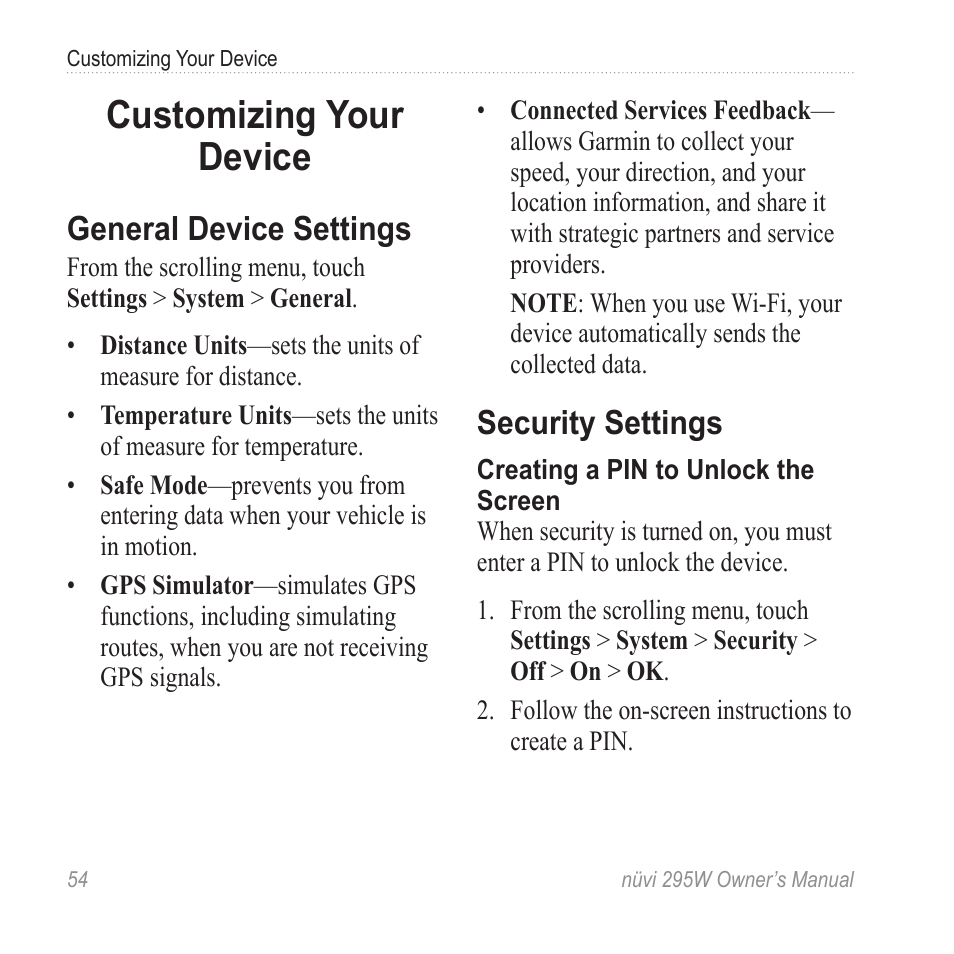 Customizing your device, General device settings, Security settings | Customizing your, Device | Garmin nuvi 295W User Manual | Page 60 / 78