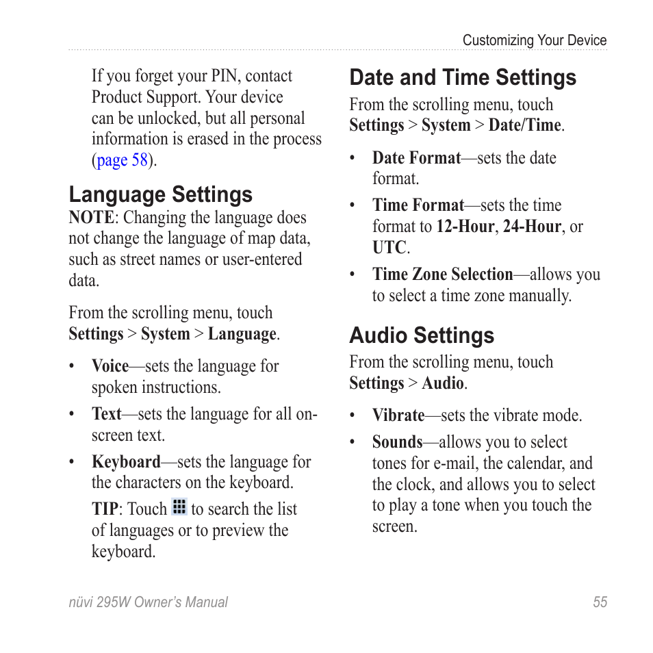 Date and time settings, Audio settings, The time or the time zone, see | Language settings | Garmin nuvi 295W User Manual | Page 61 / 78