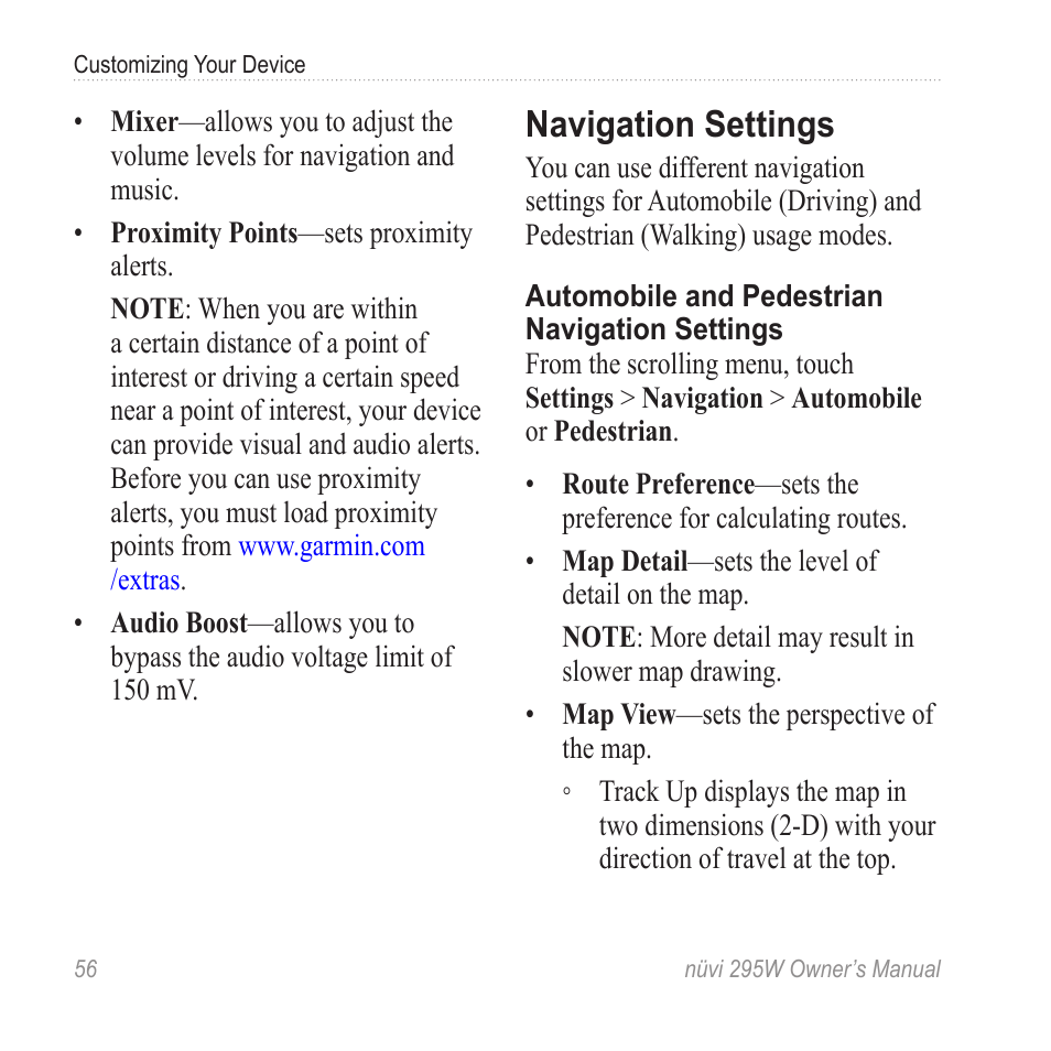 Navigation settings | Garmin nuvi 295W User Manual | Page 62 / 78