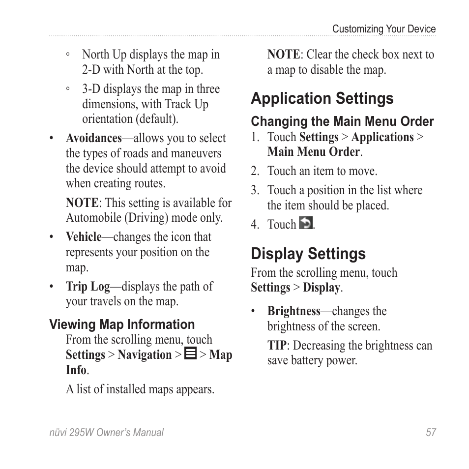 Application settings, Display settings | Garmin nuvi 295W User Manual | Page 63 / 78