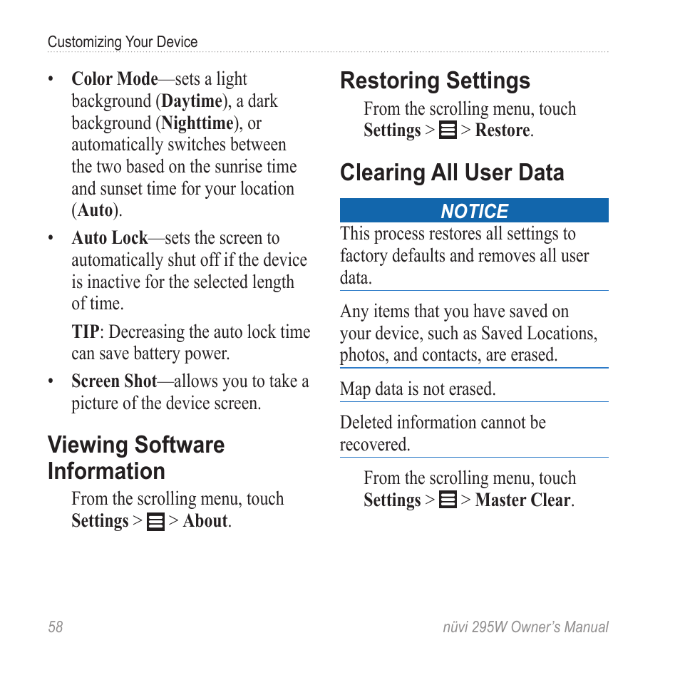 Viewing software information, Restoring settings, Clearing all user data | Viewing software, Information | Garmin nuvi 295W User Manual | Page 64 / 78