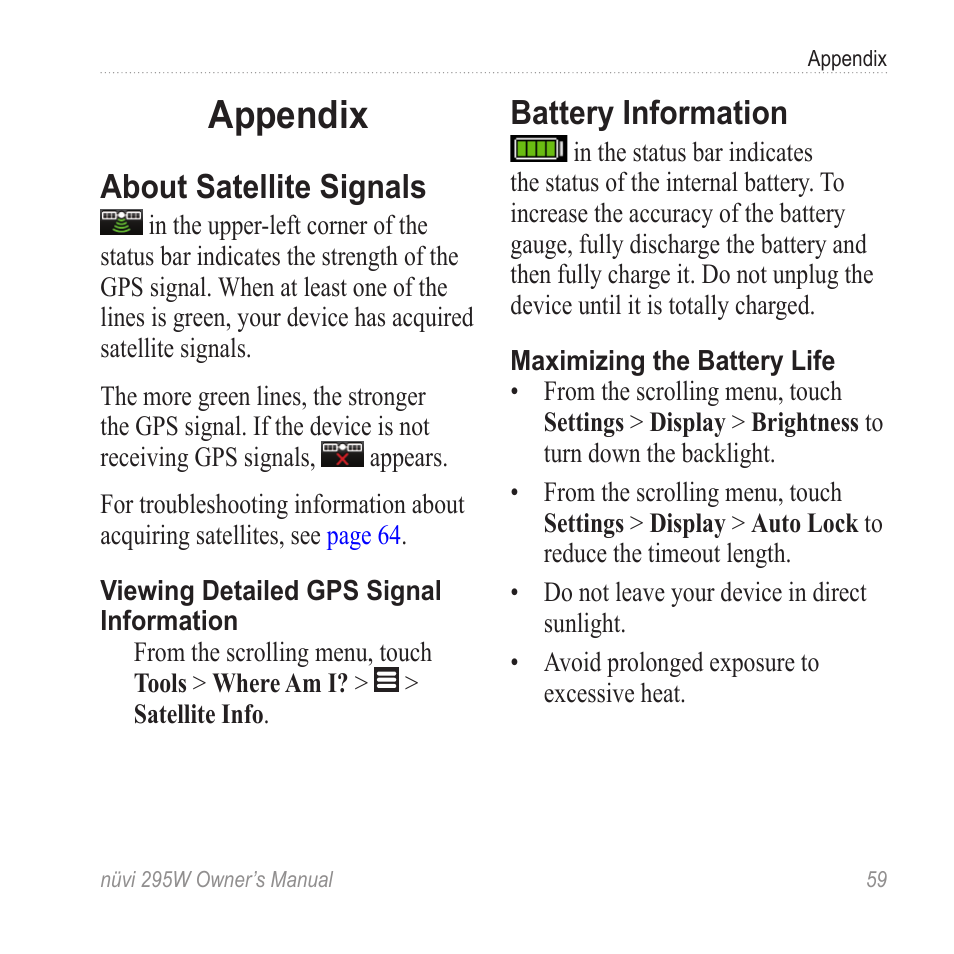 Appendix, About satellite signals, Battery information | Garmin nuvi 295W User Manual | Page 65 / 78