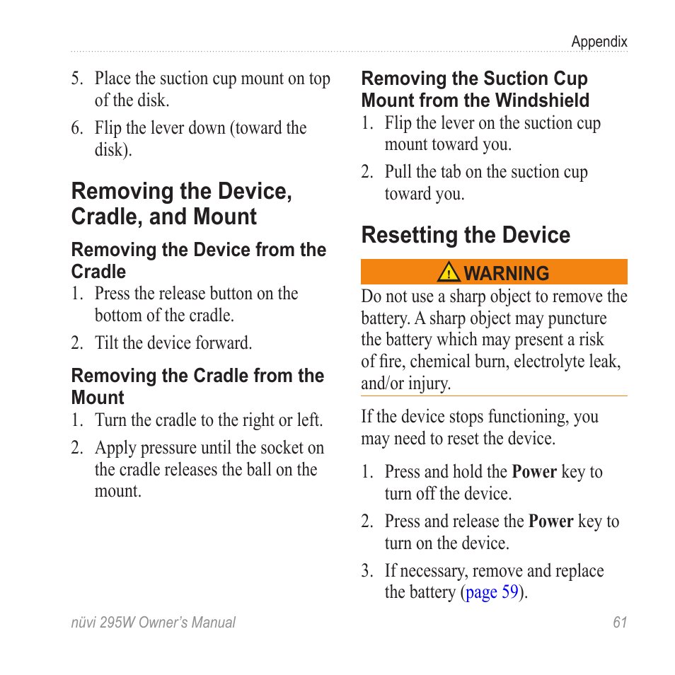 Removing the device, cradle, and mount, Resetting the device, Removing the device | Cradle, and mount | Garmin nuvi 295W User Manual | Page 67 / 78