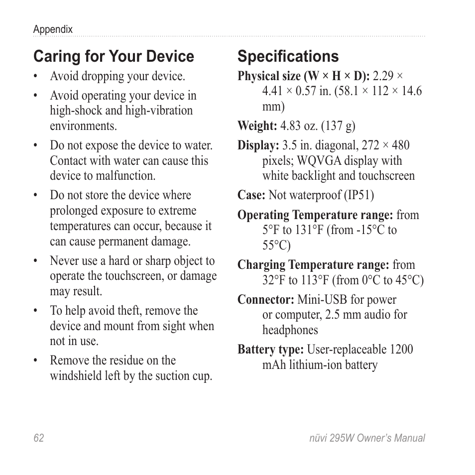 Caring for your device, Specifications | Garmin nuvi 295W User Manual | Page 68 / 78