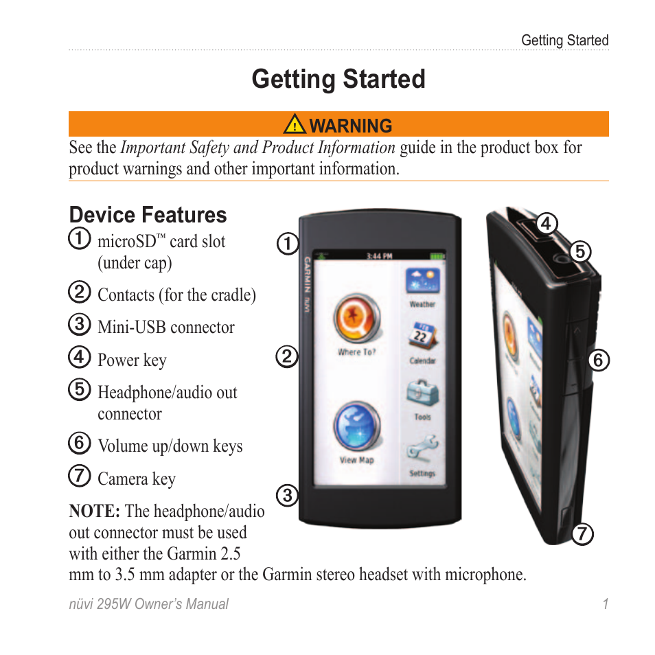 Getting started, Device features | Garmin nuvi 295W User Manual | Page 7 / 78