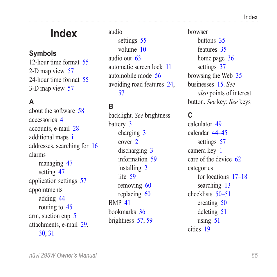 Index | Garmin nuvi 295W User Manual | Page 71 / 78