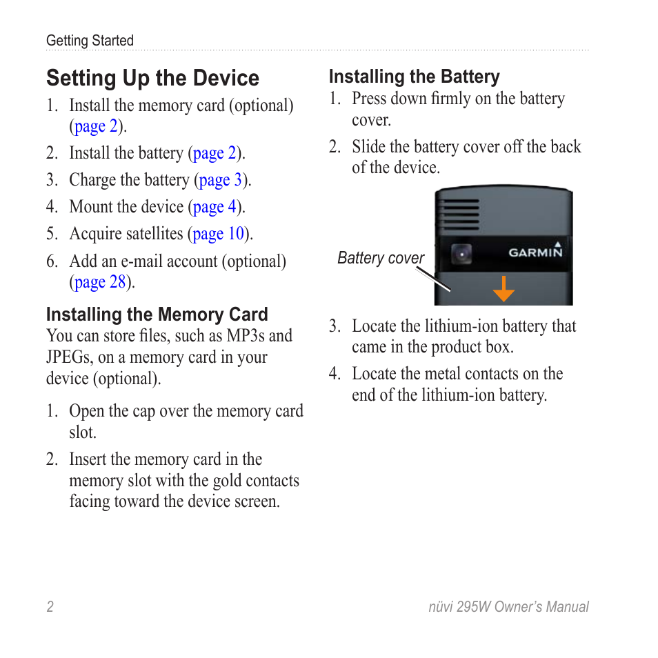 Setting up the device | Garmin nuvi 295W User Manual | Page 8 / 78