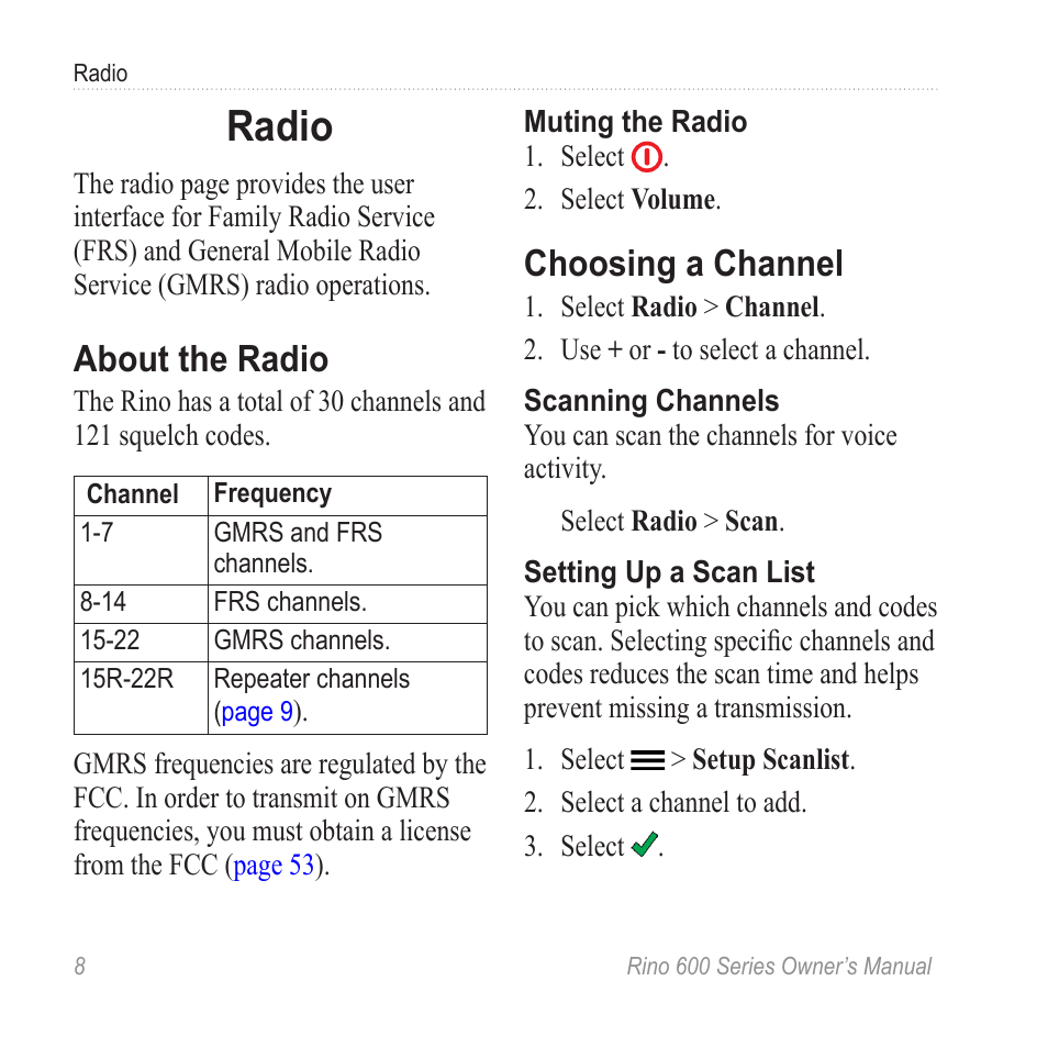 Radio, About the radio, Choosing a channel | Garmin Rino 655t User Manual | Page 10 / 60