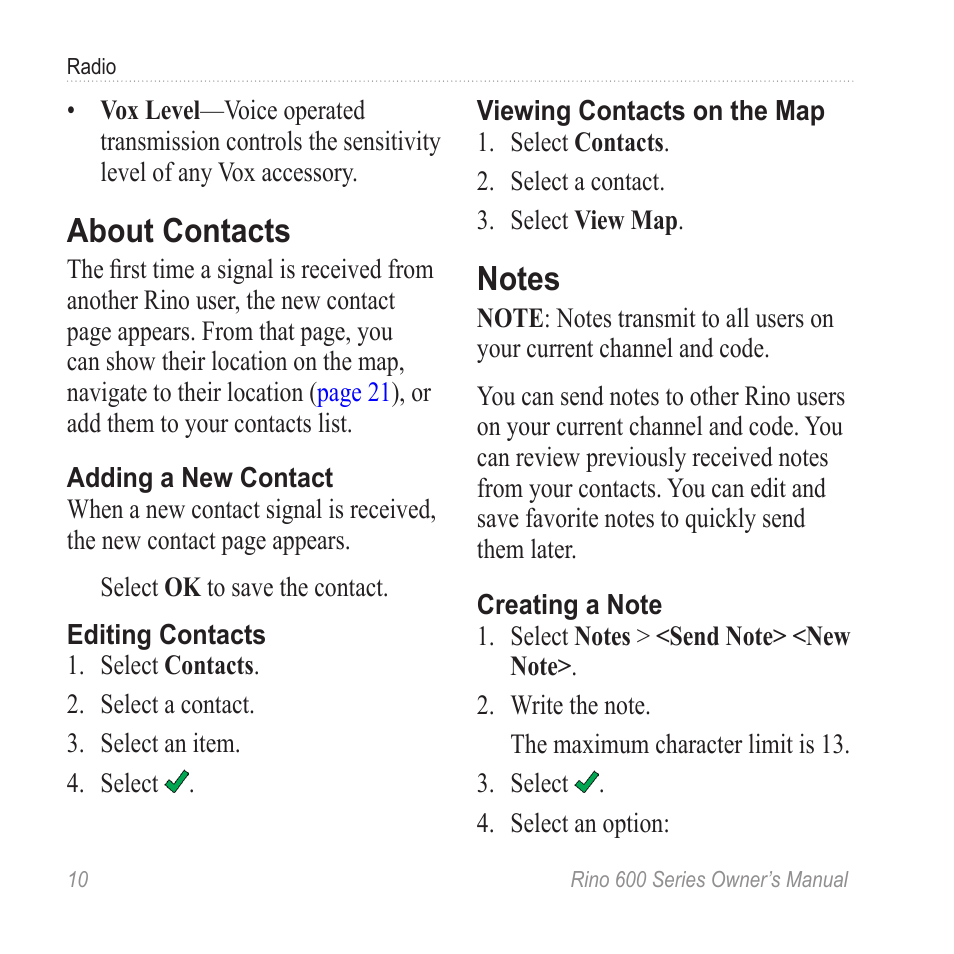 About contacts, Notes | Garmin Rino 655t User Manual | Page 12 / 60