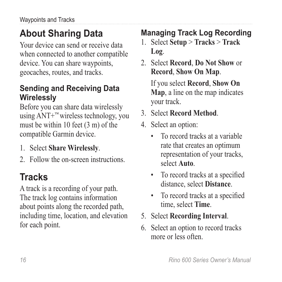 About sharing data, Tracks | Garmin Rino 655t User Manual | Page 18 / 60