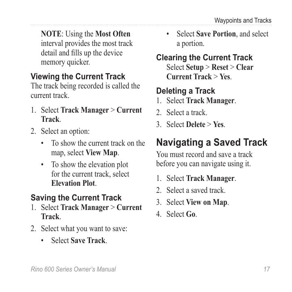 Navigating a saved track, Record a track | Garmin Rino 655t User Manual | Page 19 / 60