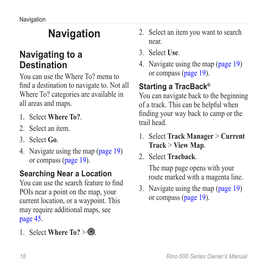 Navigation, Navigating to a destination, Navigate to a destination | Garmin Rino 655t User Manual | Page 20 / 60