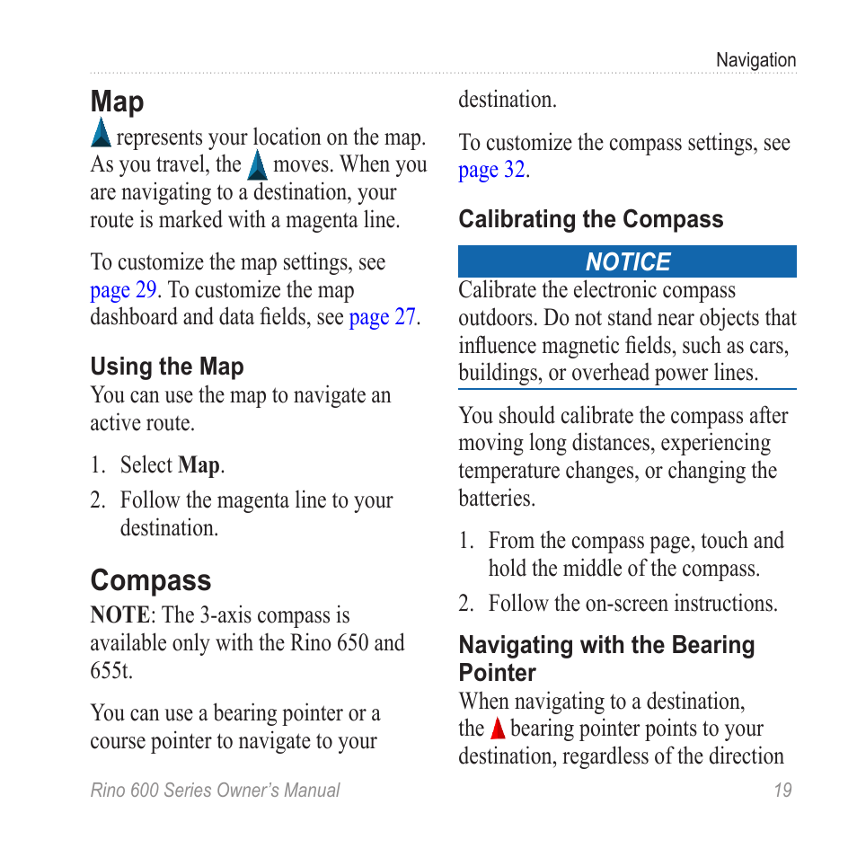 Compass, Calibrate the compass | Garmin Rino 655t User Manual | Page 21 / 60