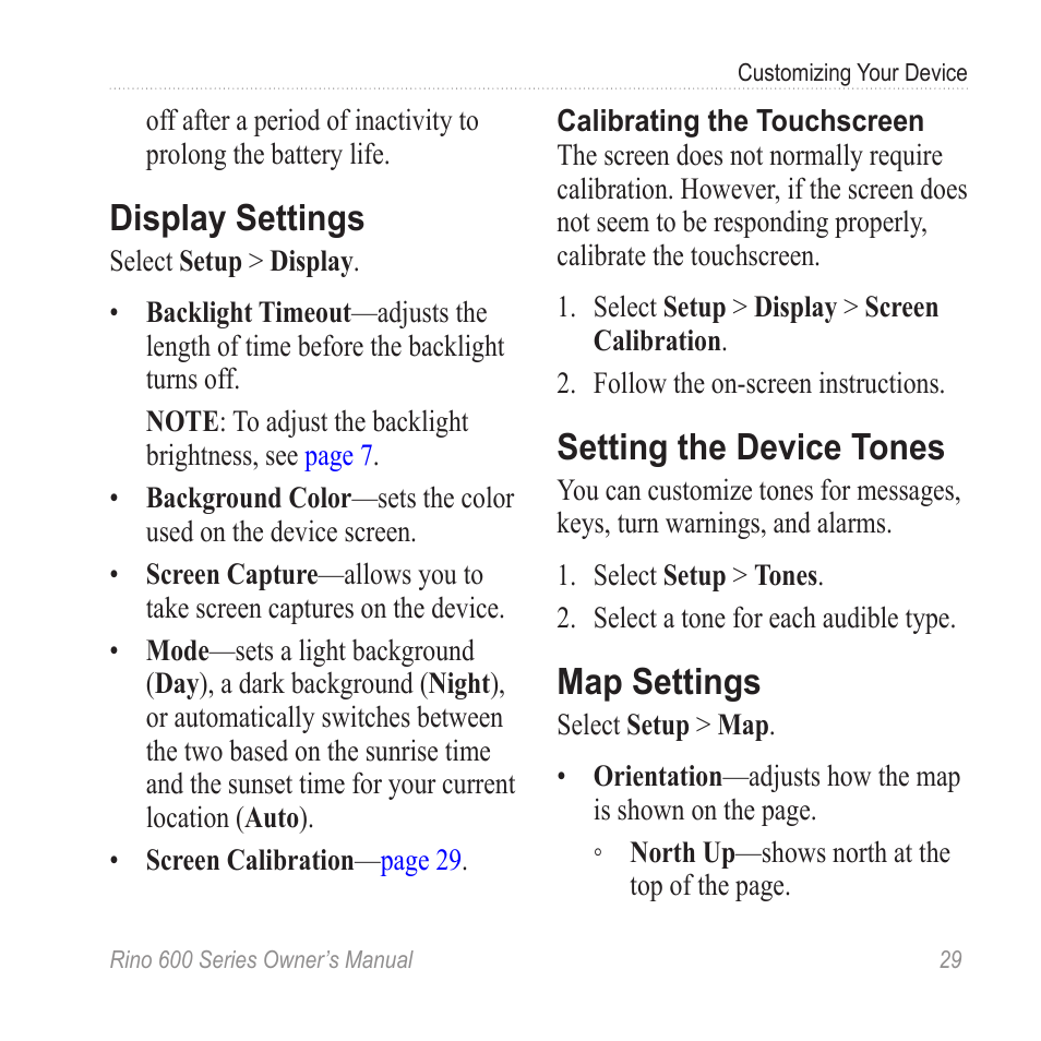 Display settings, Setting the device tones, Map settings | Garmin Rino 655t User Manual | Page 31 / 60