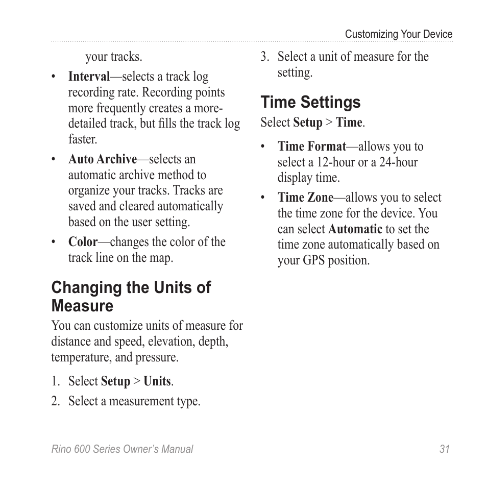 Changing the units of measure, Time settings | Garmin Rino 655t User Manual | Page 33 / 60