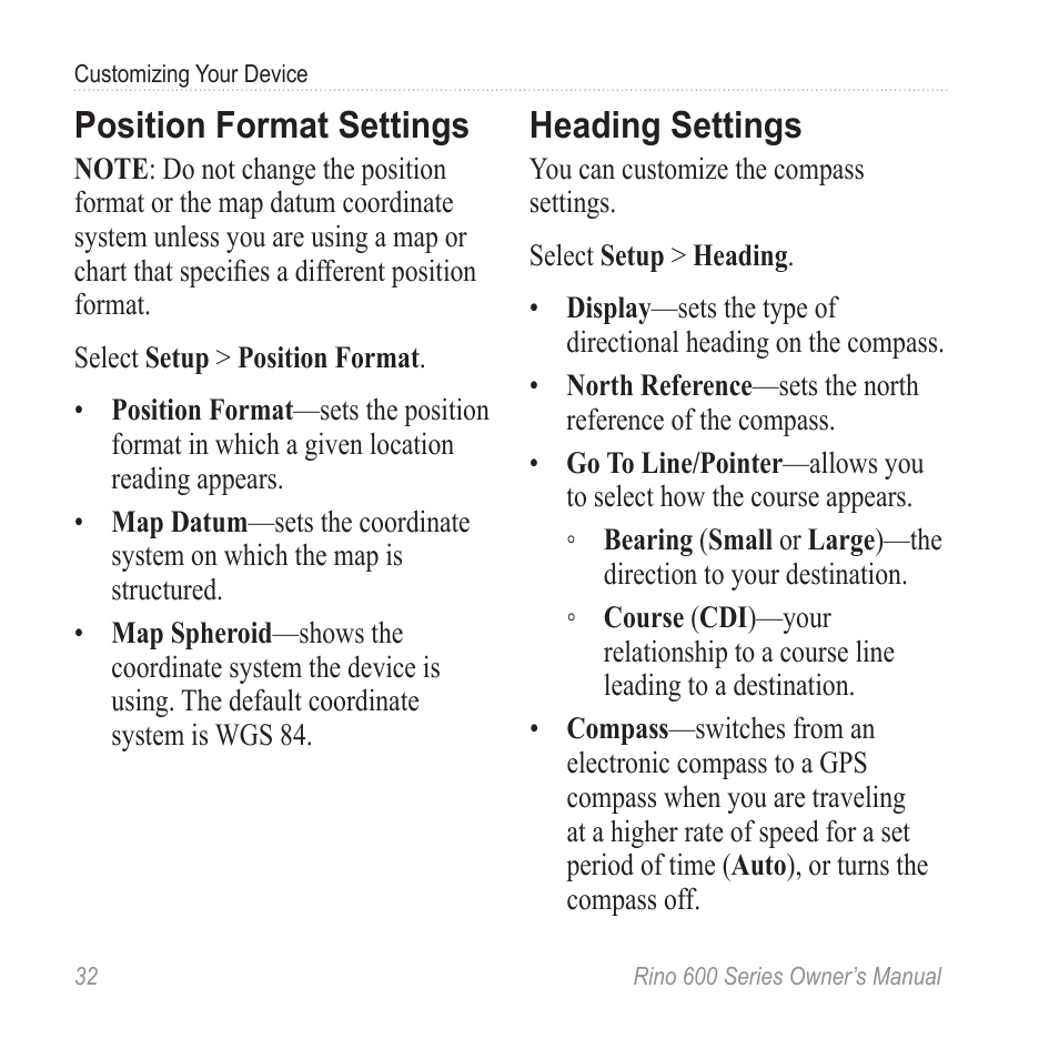 Position format settings, Heading settings | Garmin Rino 655t User Manual | Page 34 / 60