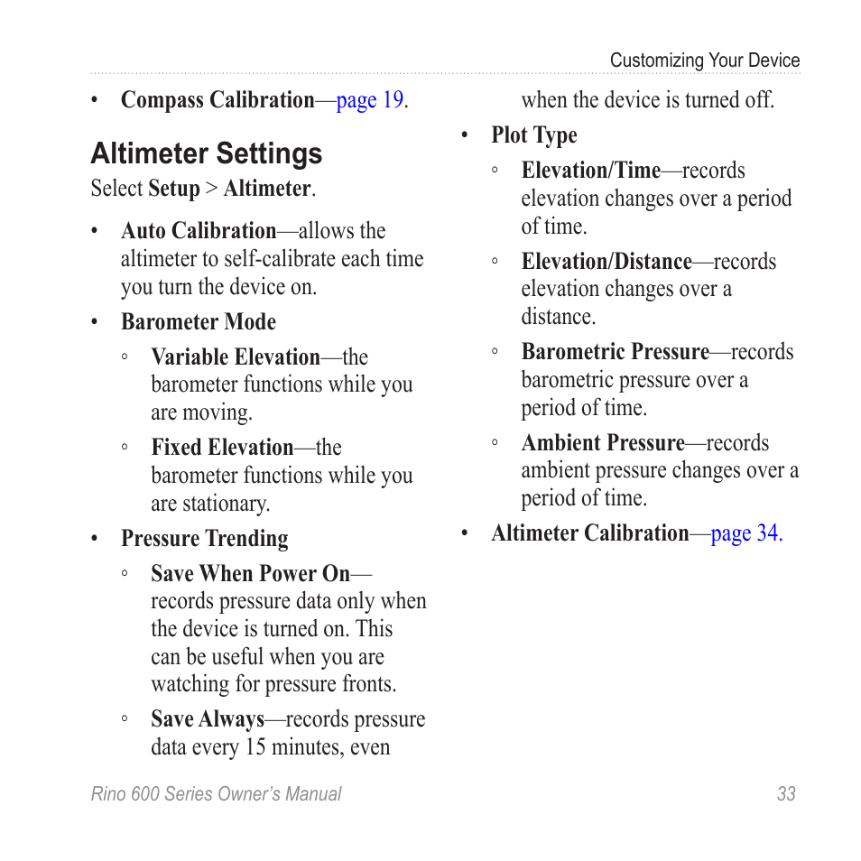 Altimeter settings | Garmin Rino 655t User Manual | Page 35 / 60