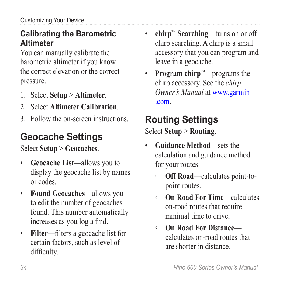 Geocache settings, Routing settings | Garmin Rino 655t User Manual | Page 36 / 60